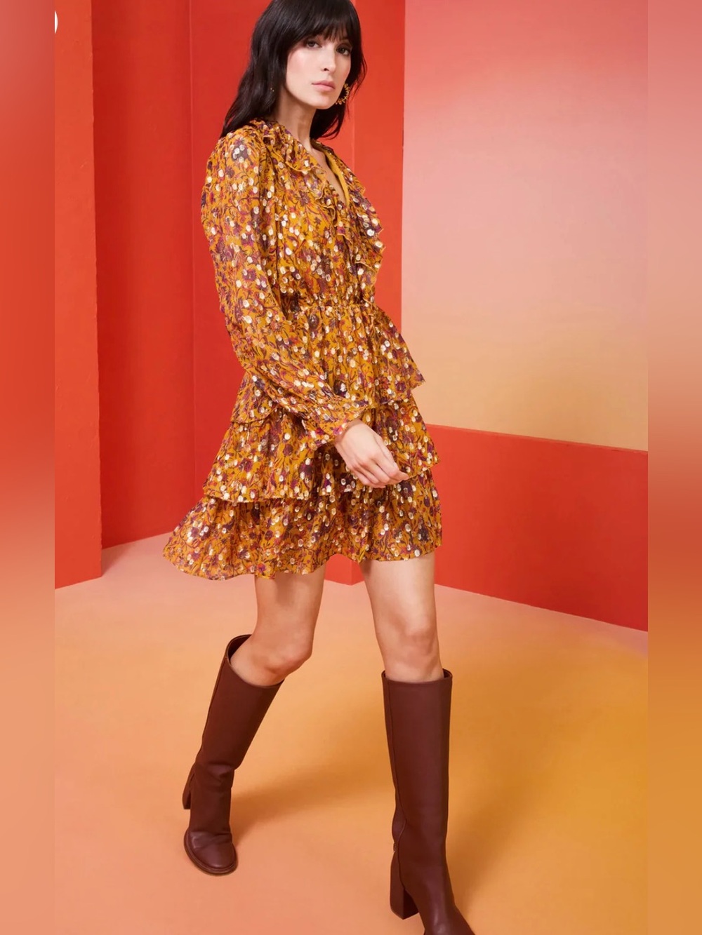Marie Oliver Mustard Floral Tiered Long-Sleeve Dress